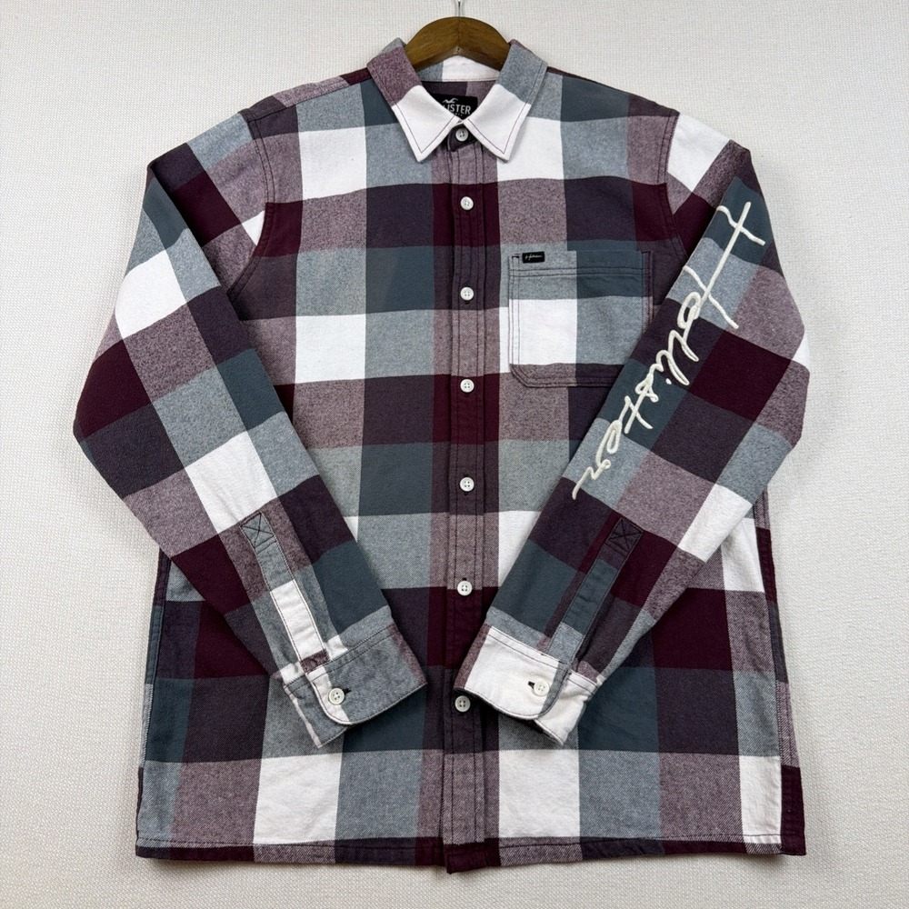 Hollister Flannel Plaid Button Up  Shirt Mens Size L Burgundy Grey 100% Cotton